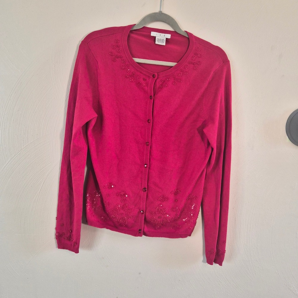 ICE Silk Blend Beaded Cardigan Womens Medium Red Sequin Coquette Preppy Retro